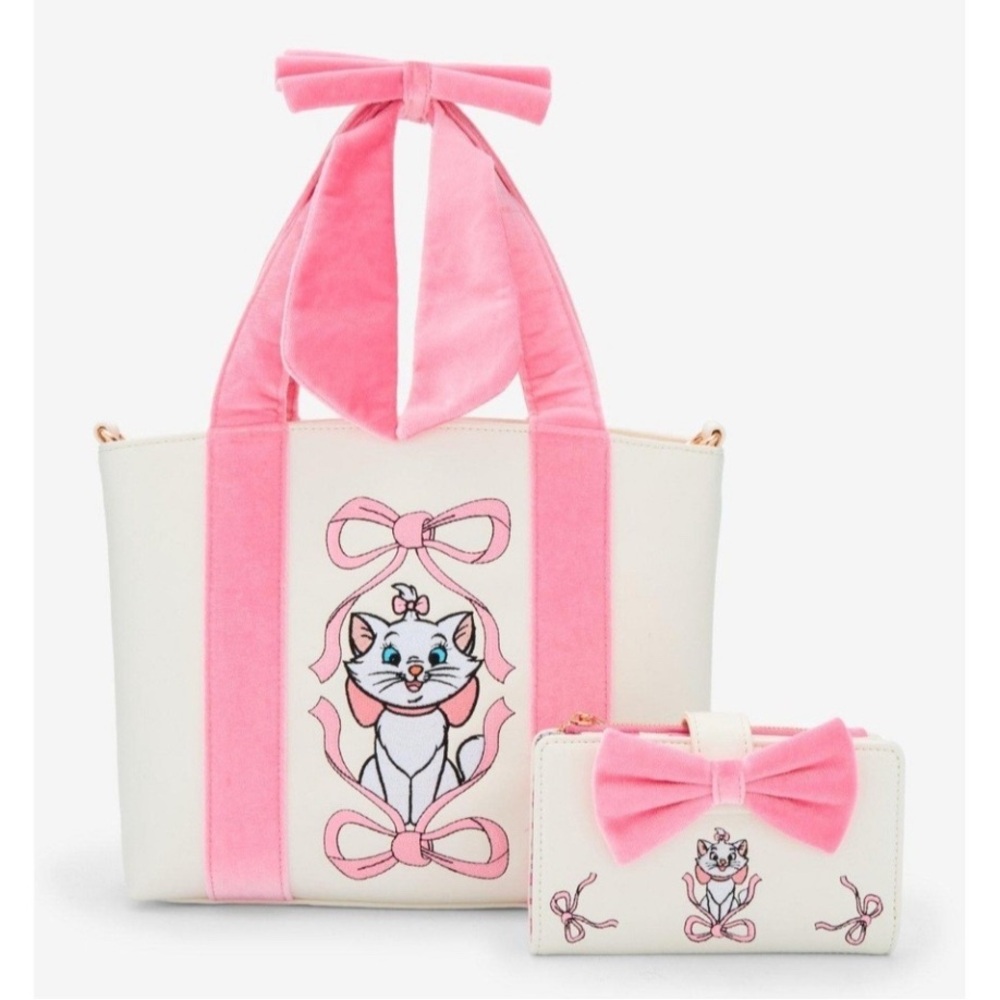 Loungefly Disney Aristocats Marie Velvet Bow Embroidered Crossbody Tote & WALLET